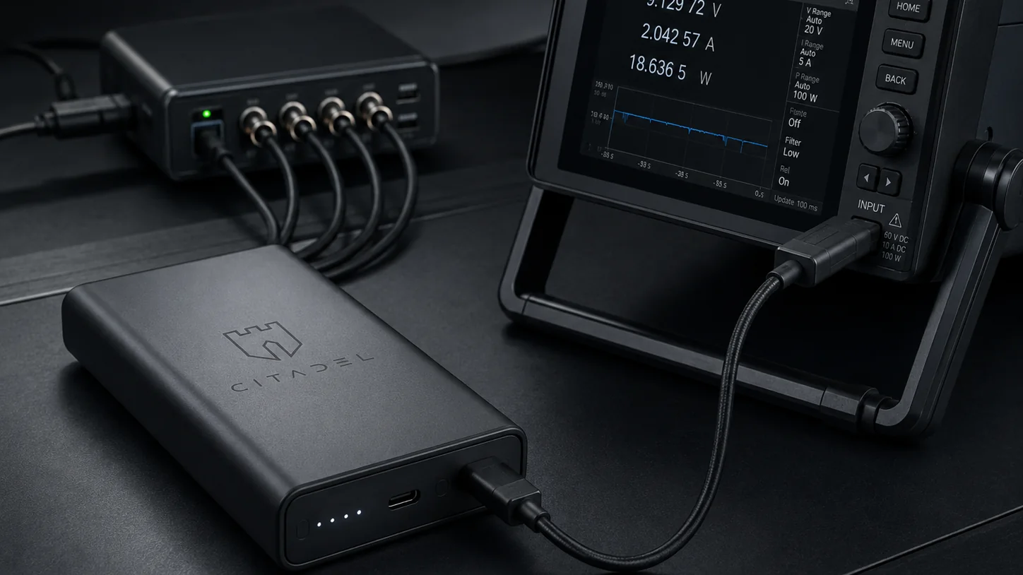 CITADEL power bank connected to professional power measurement equipment.