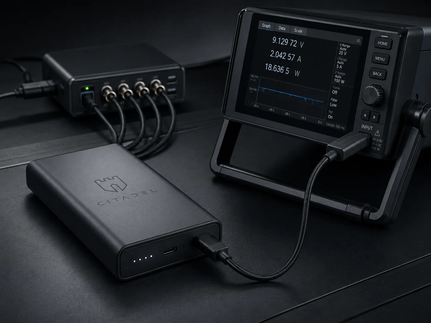 CITADEL power bank connected to a professional power testing and measurement setup.