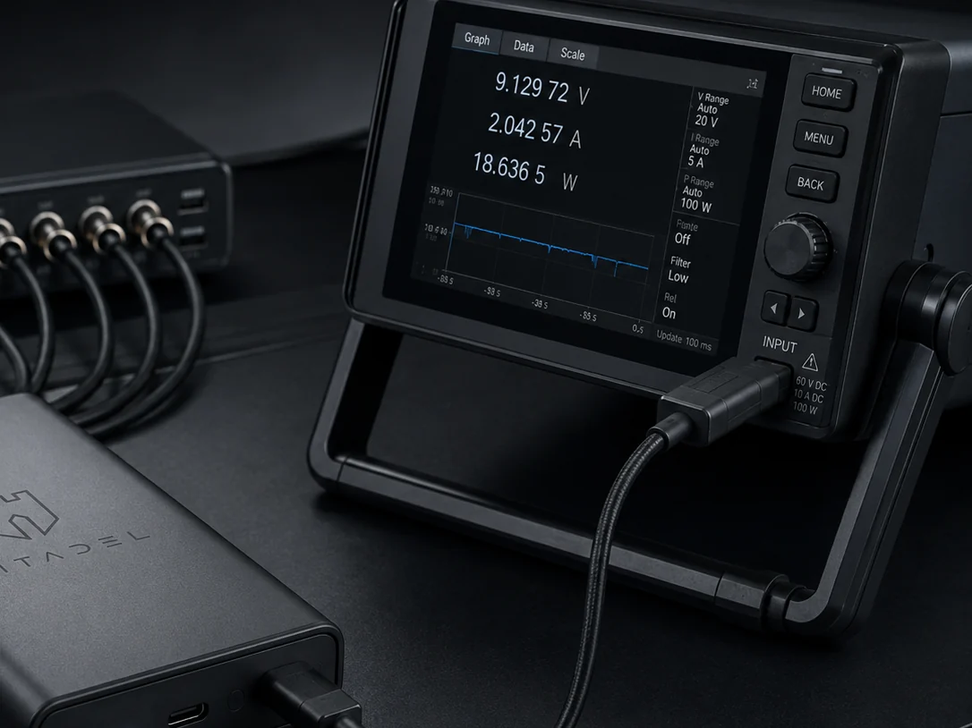 Close-up of power measurement equipment displaying voltage, current, power and performance data.