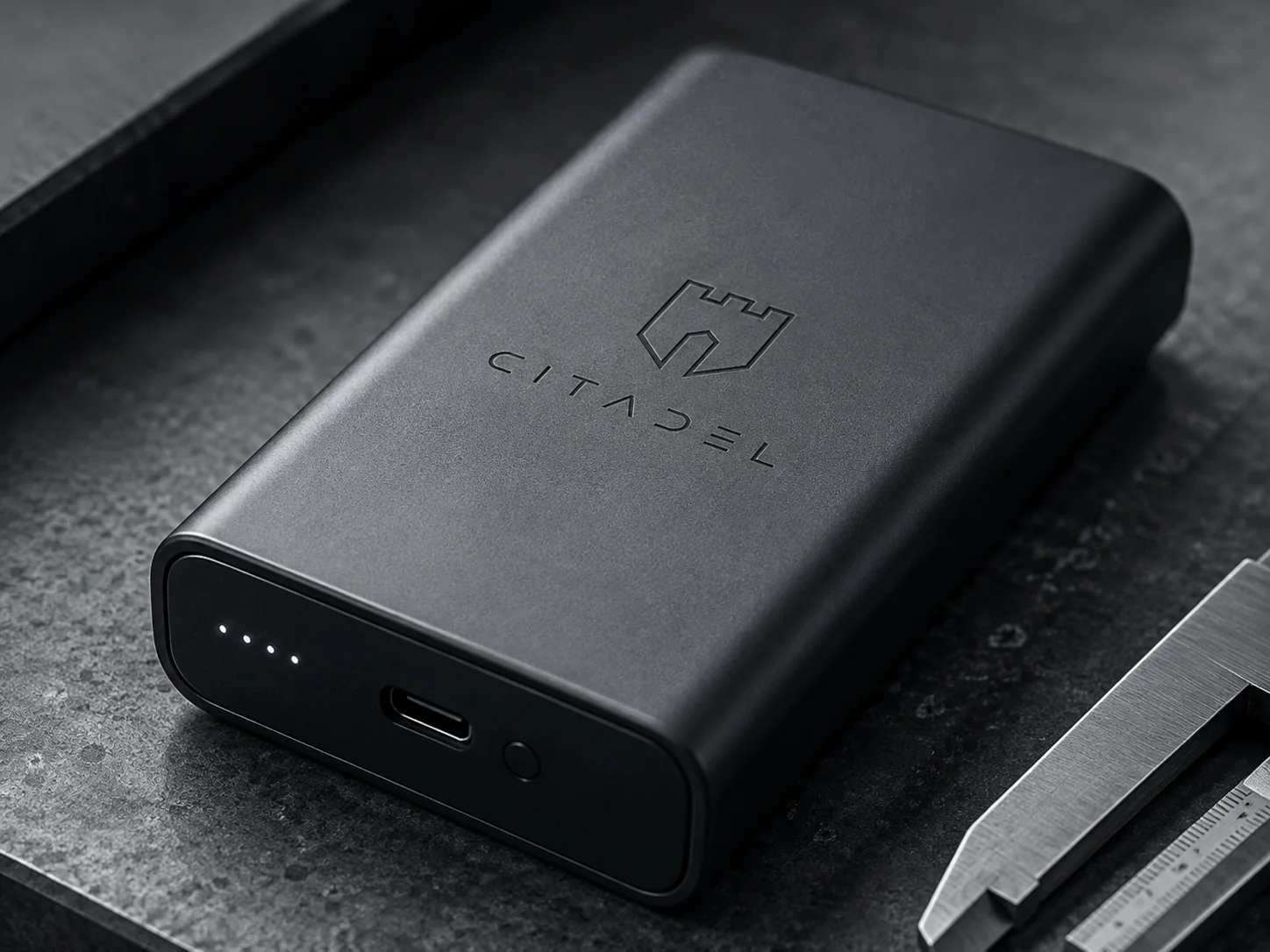 Close-up view of a CITADEL power bank showing its enclosure, USB-C port and product detailing.