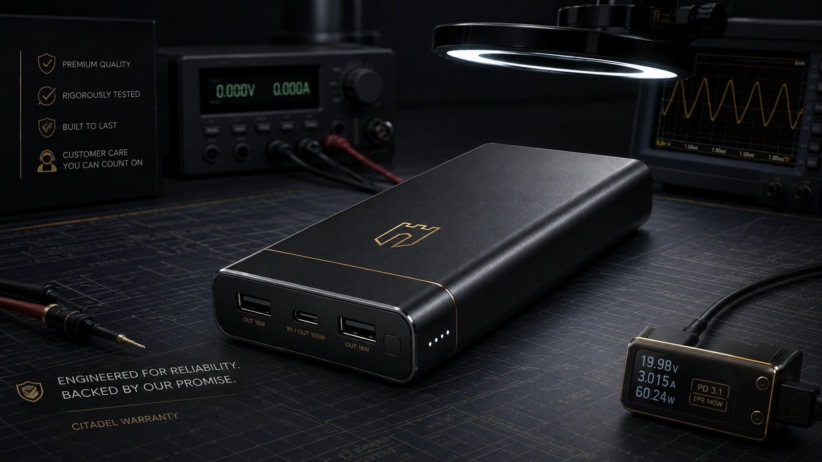 CITADEL power bank undergoing professional electronics testing